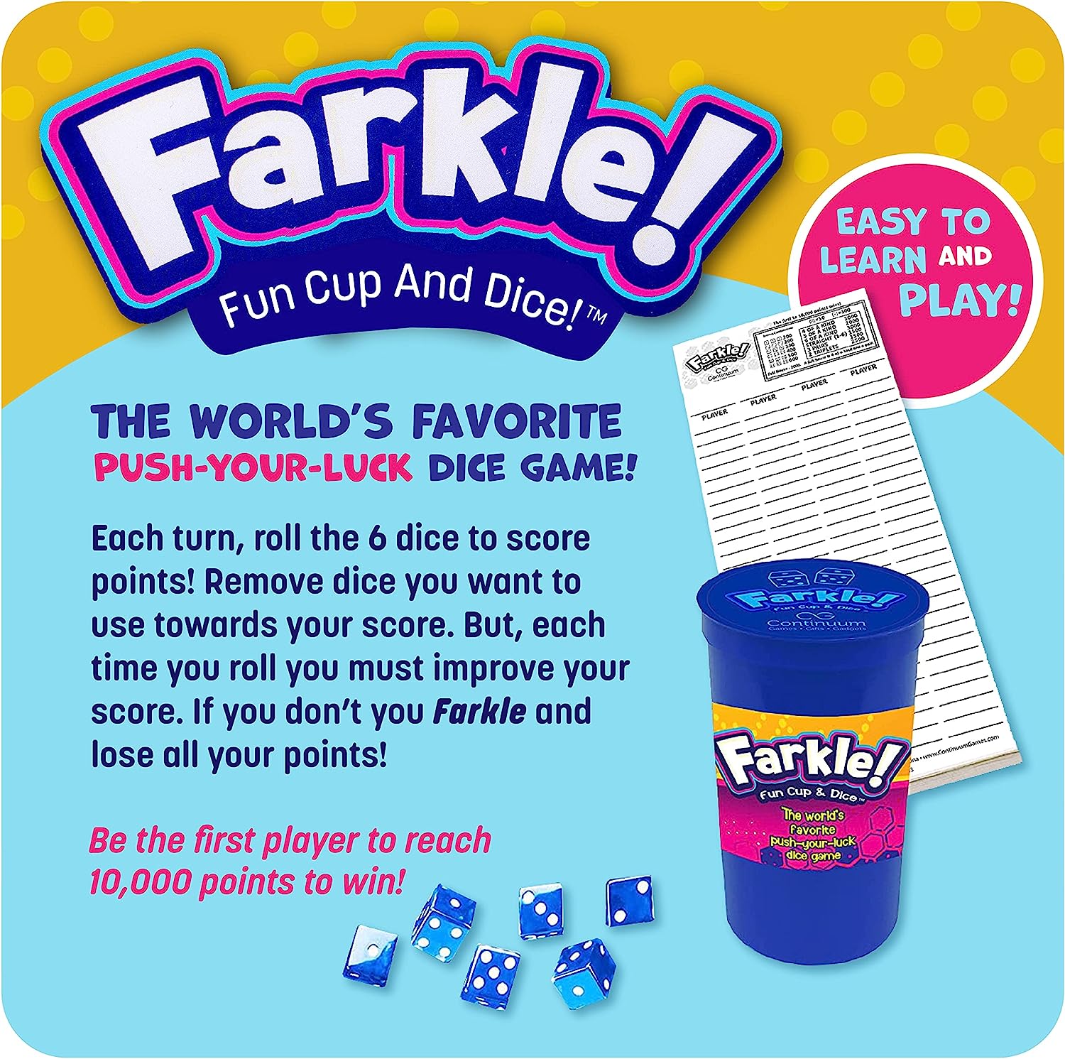 Farkle! Fun Cup & Dice, The Worlds Favoite Classic Push Your Luck Dice Game by Continuum Games