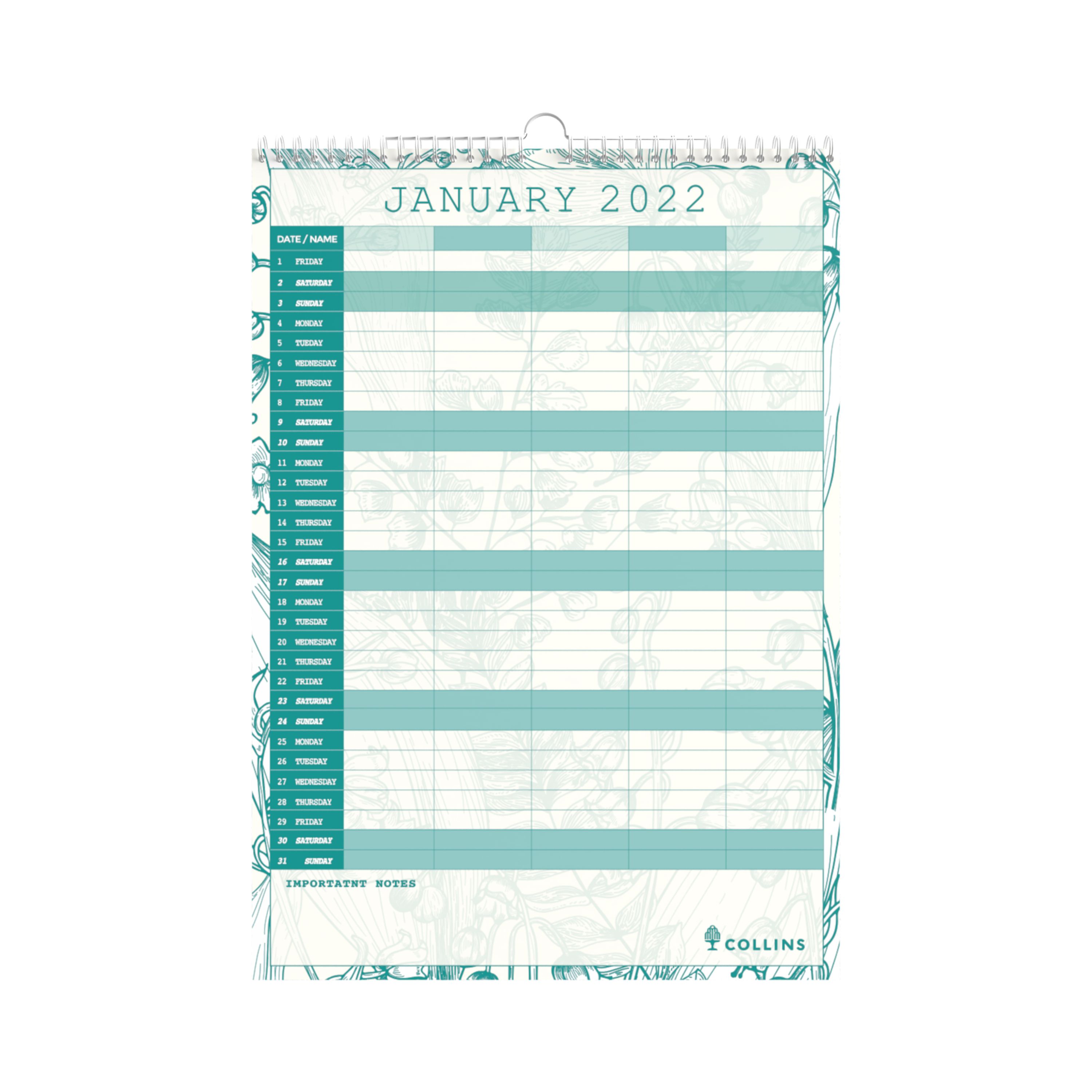 Collins Tara Calendar 2022 A3 Monthly, Wall Calendar Product Code