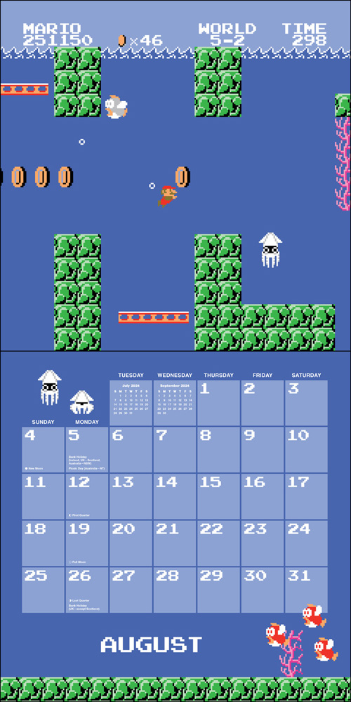 Super Mario Bros. 8Bit Retro 2024 Wall Calendar with Bonus Diecut