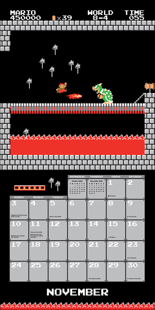 Super Mario Bros. 8Bit Retro 2024 Wall Calendar with Bonus Diecut