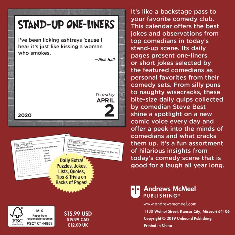 Standup Oneliners 2020 Calendar, Today's Top Comedians Share Their