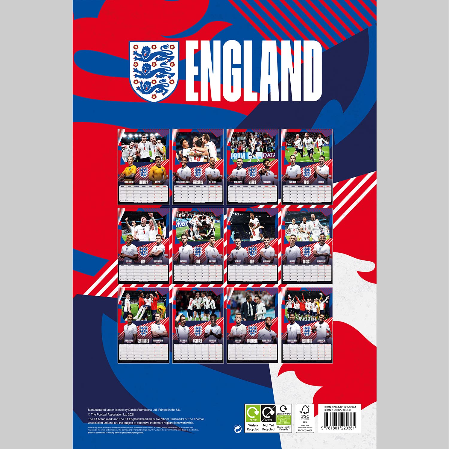 England Men Football 2022 A3 Wall Calendar by Danilo Promotions
